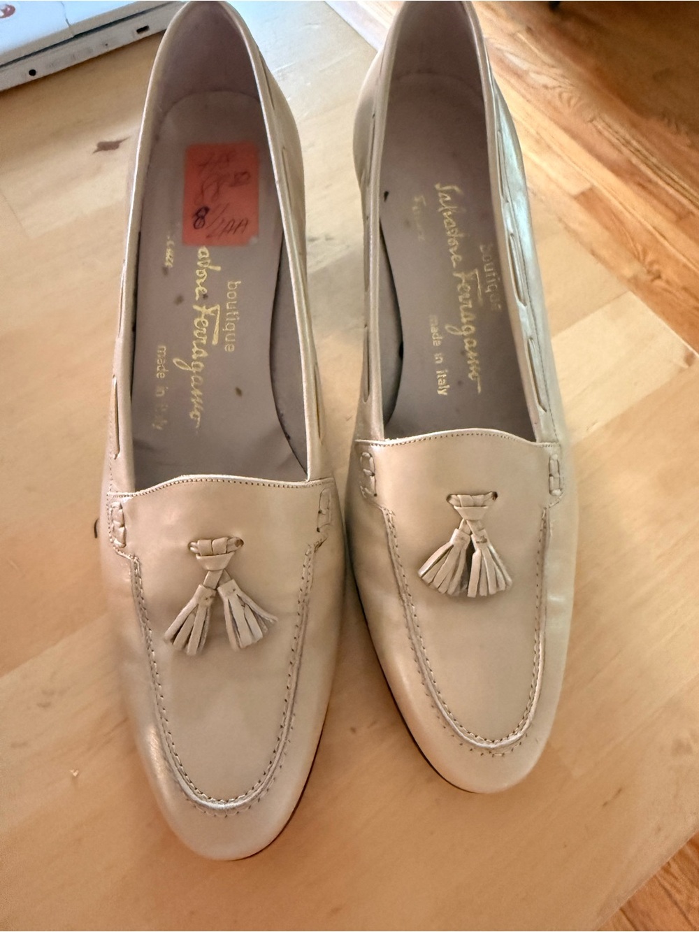 Salvatore Ferragamo Cream Leather Tassel Loafers